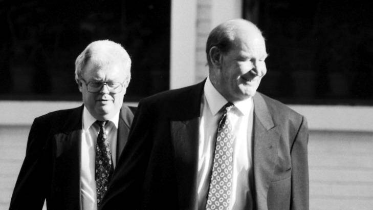 Media magnate Kerry Packer (right) leaves Mario's restaurant in East Sydney with Labor senator Graham Richardson on October 9, 1992. Photo: Bruce Miller