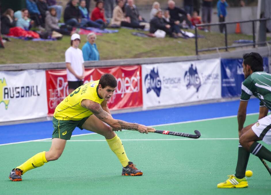  Blake Govers, 18, in action for the Kookaburras against Pakistan in Hobart. Picture: TONY McKENDRICK