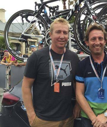 Along for the ride: Sydney Roosters coach Trent Robinson and Orica GreenEdge team director Matt White. Photo: Supplied