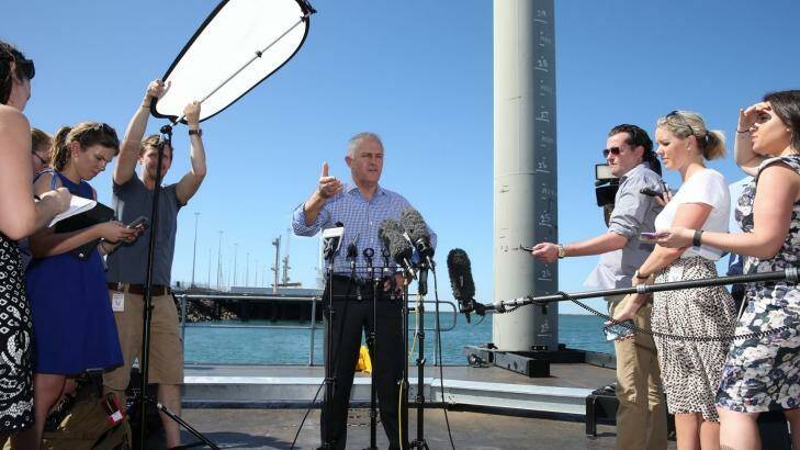 Mr Turnbull speaks to the media after stepping off Border Force patrol boat the Cape Jervis. Photo: Andrew Meares