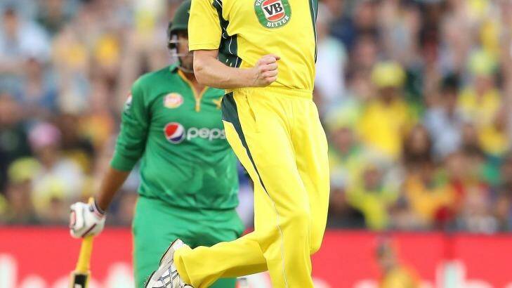 James Faulkner of Australia celebrates the wicket of Sharjeel Khan of Pakistan at the MCG on Sunday. Photo: Scott Barbour