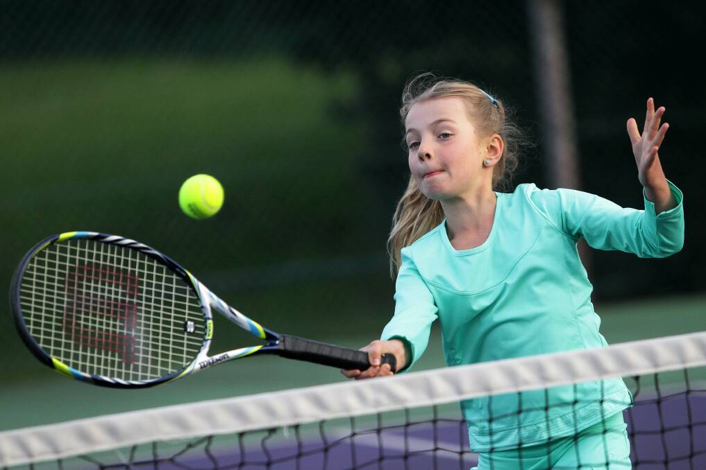 Top ranked: Mia Repac plays a forehand in practice at the NSW PSSA State Tennis Carnival held in Newcastle. Picture: GREG TOTMAN