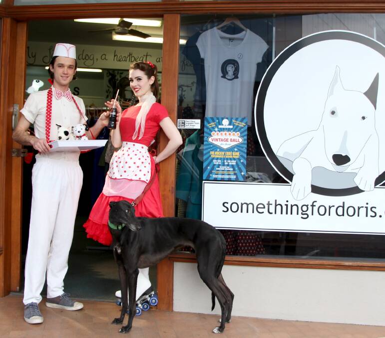 Angus McDonald-Haynes and Polly Polka Dot, aka Joanne Tennison with rescue greyhound Stacey at vintage store Something For Doris.