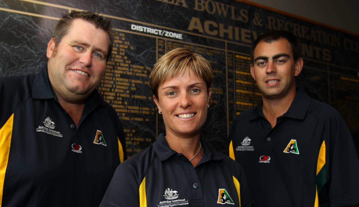 Reigning men's champion Jeremy Henry, Karen Murphy and Tony Wood are representing Australia in the World Cup at Warilla Bowling Club. Picture: GREG TOTMAN