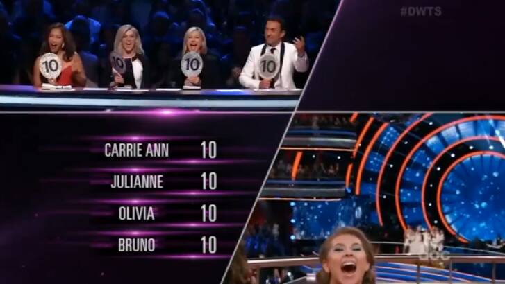 The judges give their perfect scores to an elated Bindi Irwin. Photo: Supplied