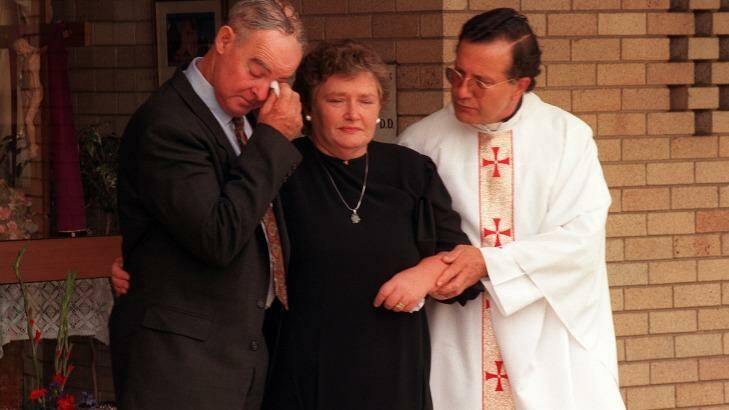 Alison Lewis' parents, Don and Pat, pictured following her funeral at St Patrick's Catholic Church in 1997. Photo: Quentin Jones