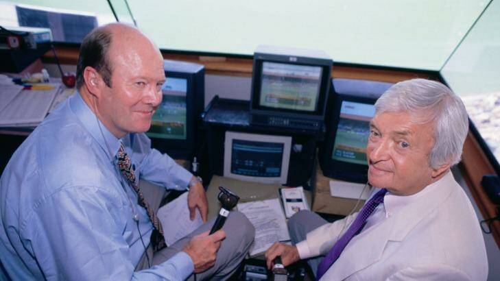 Richie Benaud with Tony Greig in the commentary box.  Photo: Nine Network