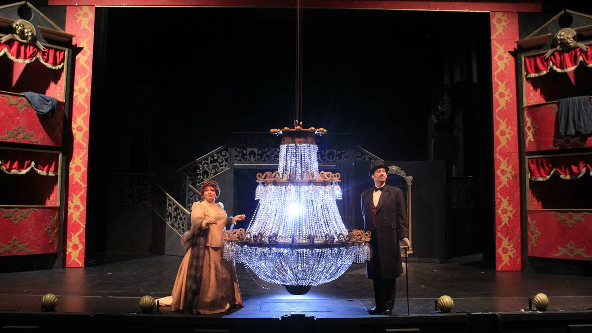 The chandelier flanked by co-stars Anne-Marie and Paul Fanning. Picture: ANDY ZAKELI