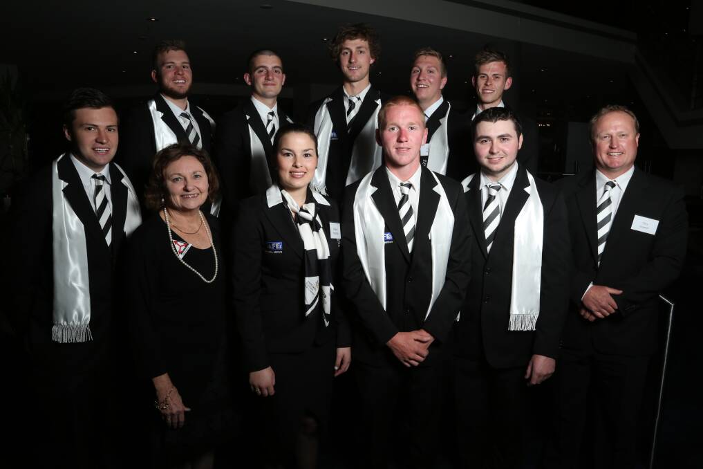 Nick Roman, Lachlan Kerr, Tom Meters, Kallon McVicar and Scott Brown (back row) at The Illawarra Connection dinner with John Reminis, Dianne Murray, Mikayla Brightling, Sam Spong, Matt Sawers and Troy Everett. Picture: GREG ELLIS