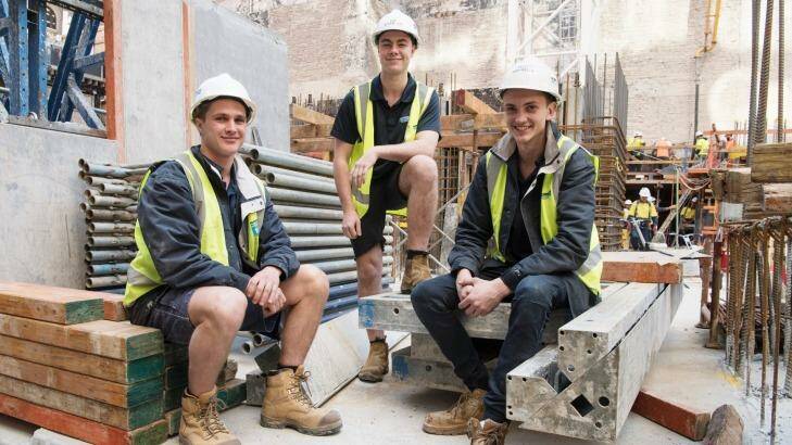 Will Gulliford, Tom Gulliford and Matt Ventrella. All three have taken on Apprenticeships with Hutchinson Builders.  Photo: James Brickwood