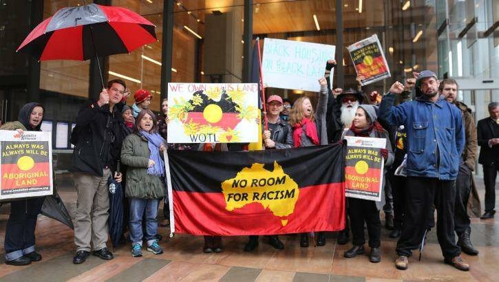 The Redfern Aboriginal tent embassy protest outside the Supreme Court on Friday. Photo: Supplied