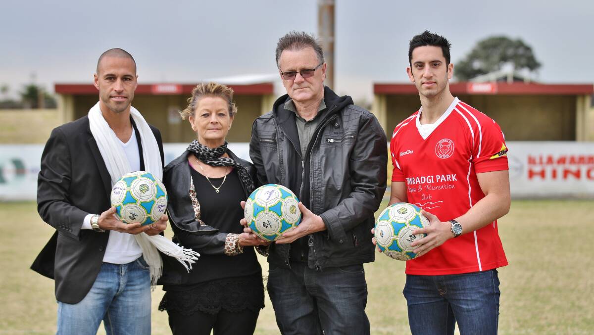 Alfredo Mousinho-Esteves (left) and Julian Cesta (right) give Jayne Omeara and John Rich a few football tips before a charity match to raise money for Jake Price. Picture: GREG ELLIS