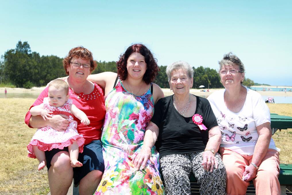 Family reunion: Amelia Wallace (second from right) celebrates her 90th birthday with daughter Janice Miller (right), granddaughter Glenda Peters (left), great-granddaughter Sarah Hughes and great-great-granddaughter Lucy Hughes. Picture: SYLVIA LIBER
