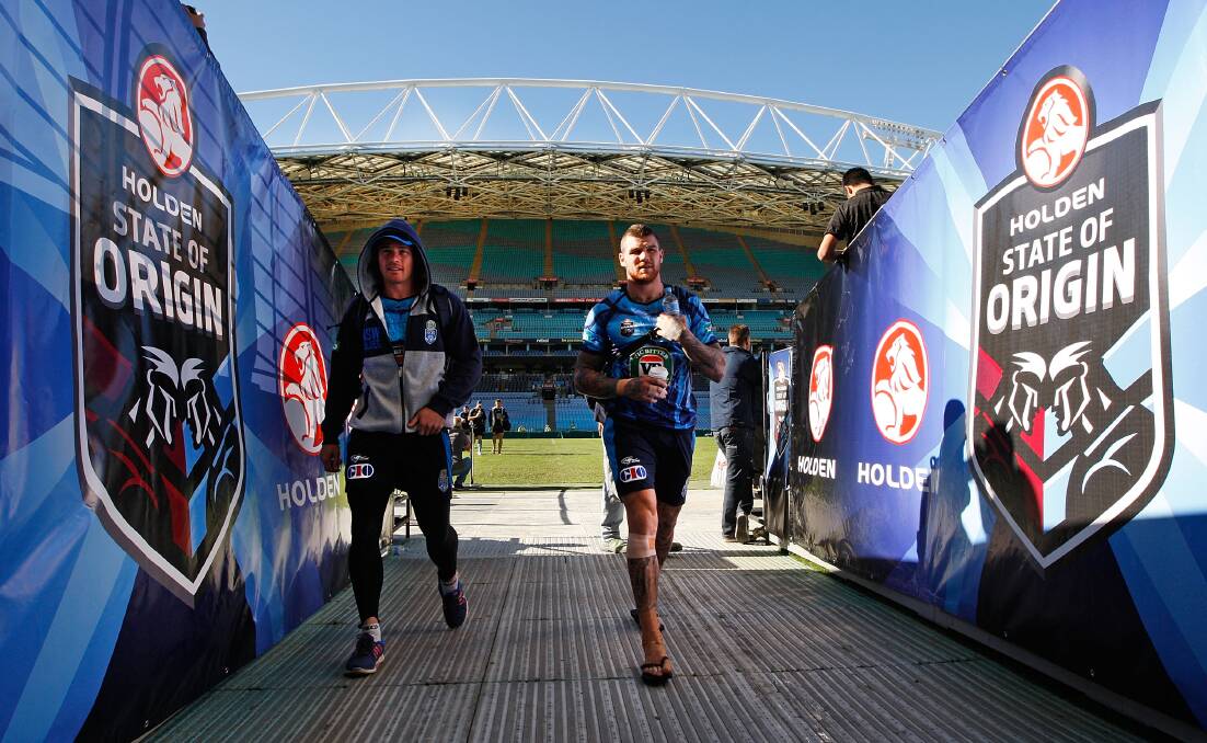 Beau Scott and Josh Dugan arrive at the Blues Origin II training session at ANZ Stadium earlier this week. Picture: GETTY IMAGES