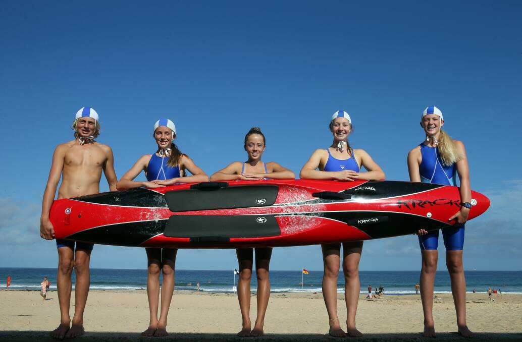 Thirroul Surf Life Saving Club members Jake Beaumont, left, Sienna Stuart, Jazmine Yew, Tahlie Fennell and Kate Dryden after their great results at the Illawarra senior carnival. Missing from the picture are Trent Hodges and Dylan Gillett. Picture: KIRK GILMOUR