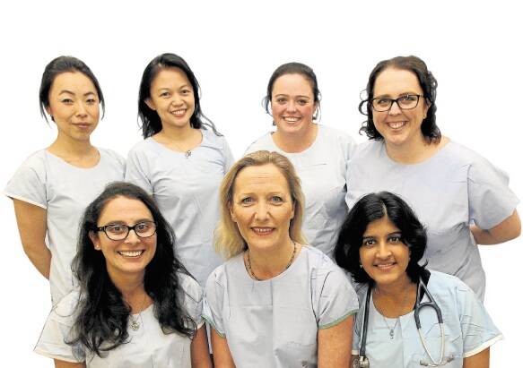 Dr Soni Putnis (front, centre) with junior doctors (front) Rasha Gendy and Krista Appavoo and (back) Katherine Zhu, Michelle Tan, Jenny Brady and Abigail Attwell-Heap. Picture: GREG TOTMAN