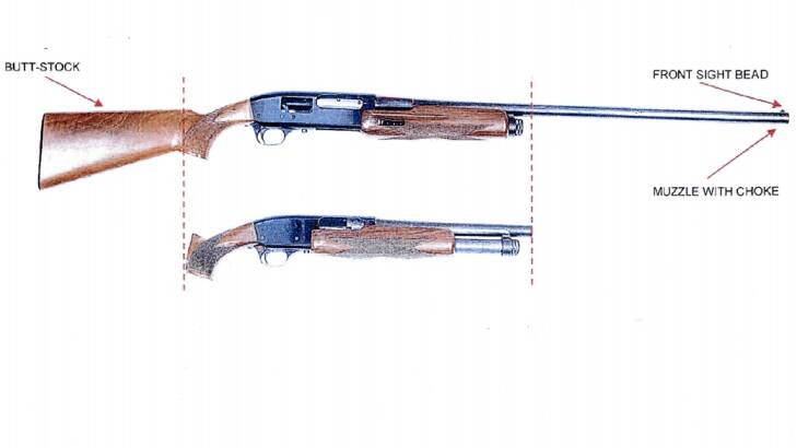 Court supplied sketch of the ageing Le Salle 12 gauge sawn-off shotgun used by Monis during the siege. Photo: Department of Justice