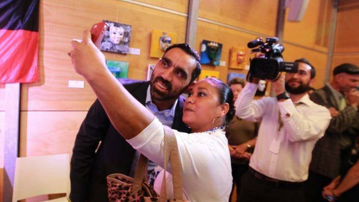 Adam Goodes at an event in Sydney to promote the Recognise campaign to change the constitution to recognise the presence of Aboriginal and Torres Strait Islanders before European settlement. Photo: Ben Rushton