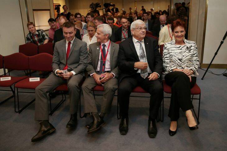 James Ashby, Malcolm Roberts, Senator Brian Burston and Senator Pauline Hanson during the function "A conversation with Milo Yiannopoulos" hosted by Senator David Leyonhjelm at Parliament House in Canberra on Tuesday 5 December 2017. fedpol Photo: Alex Ellinghausen