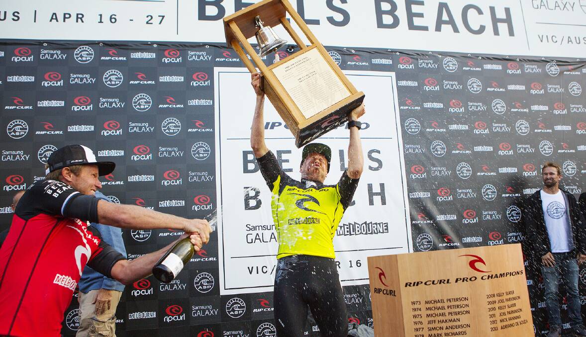 Mick Fanning after winning the Rip Curl Pro Bells Beach for the third time last year. Picture: KIRSTIN SCHOLTZ