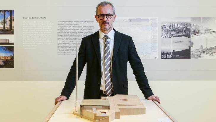 Michael Brand, director of the Art Gallery of NSW, with designs on display for the Sydney Modern project.  Photo: Dallas Kilponen