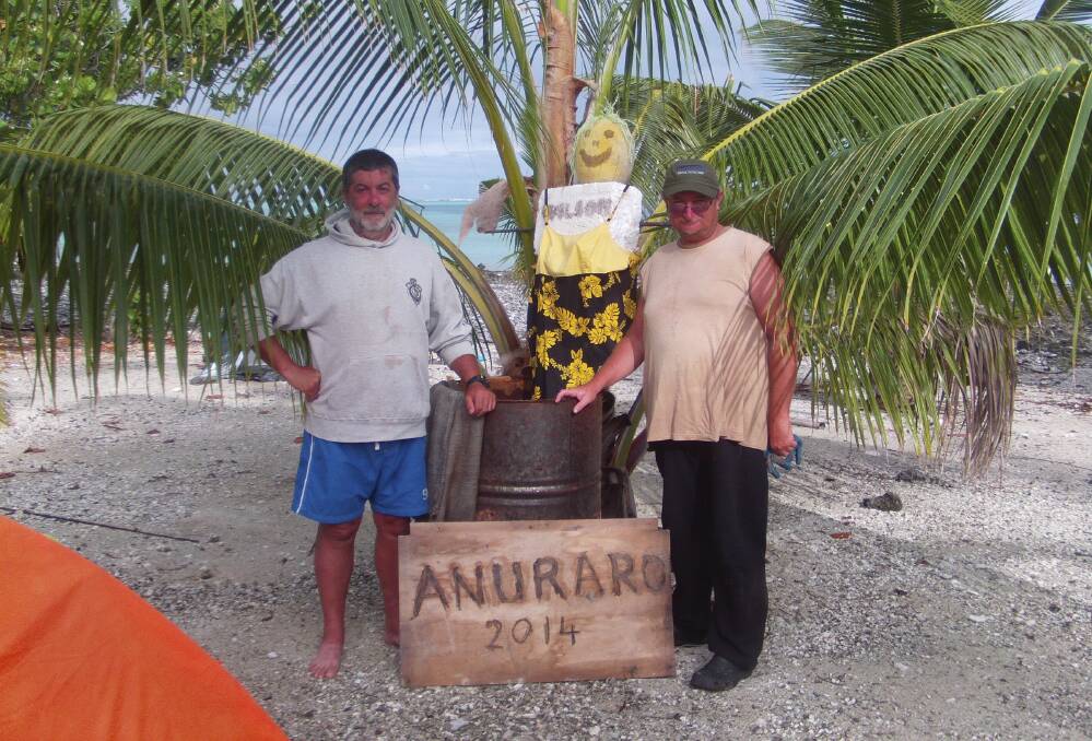 Albert Mata and Gerald Crowley on the atoll Anuanuraro in 2014. Picture supplied: Gerald Crowley.