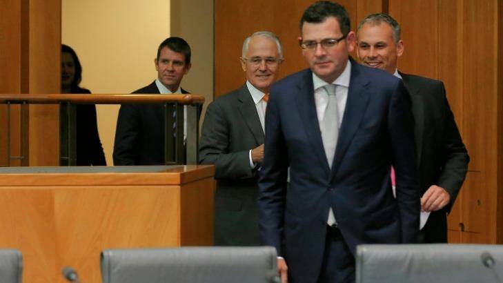 Premier of Victoria Daniel Andrews, walks out ahead of NT Chief Minister Adam Giles, Prime Minister Malcolm Turnbull, NSW Premier Mike Baird and Queensland Premier Annastacia Palaszczuk on Friday. Photo: Alex Ellinghausen