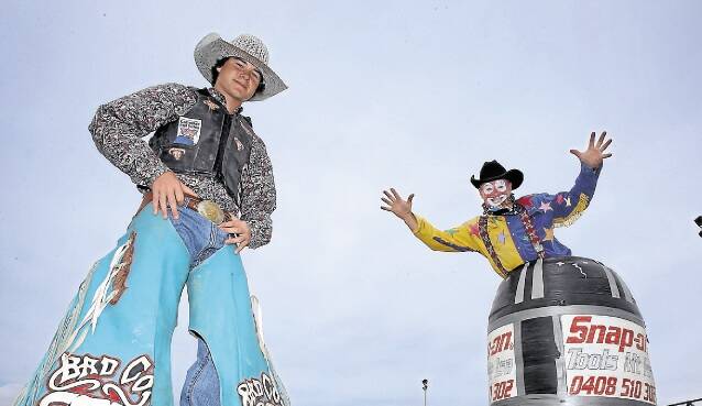 Bull rider turned "rodeo clown of the year" Big Al (right) and cowboy Kye Willis ready to take to the ring at Shellharbour on Saturday. Picture: ROBERT PEET