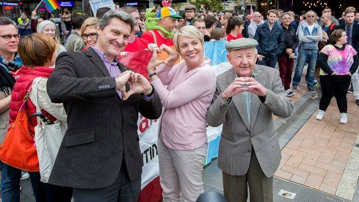 Rallying for marriage equality, from left, Rodney Croome, national director of Australian Marriage Equality, Labor deputy leader Tanya Plibersek and the man who stole the show,  gay activist Dr John Challis, 87. Photo: Michele Mossop