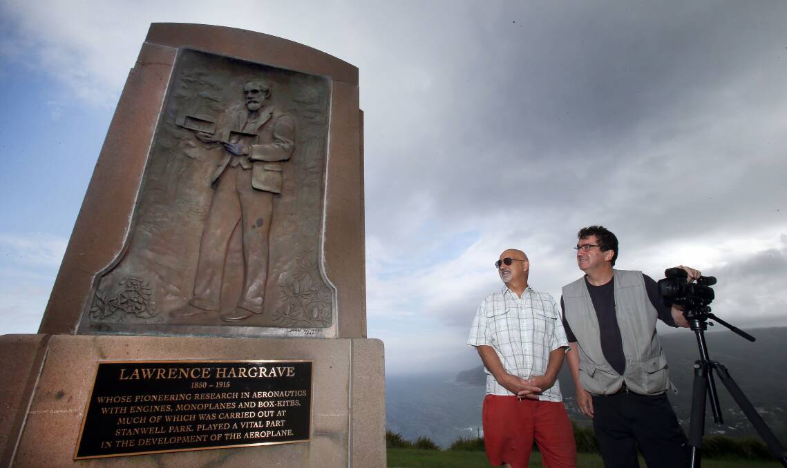  Mark Mitsos with Geoffrey Sykes at the Hargrave monument on Bald Hill Stanwell Park. Picture: KIRK GILMOUR