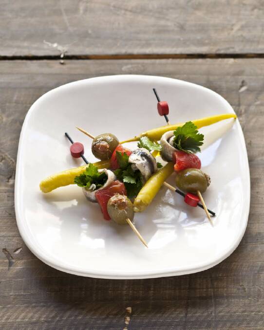 Frank Camorra's "The Gilda" (white anchovies, guindilla pepper and green olives) <a href="http://www.goodfood.com.au/good-food/cook/recipe/the-gilda-white-anchovies-guindilla-pepper-and-green-olives-20130329-2gynl.html"><b>(recipe here).</b></a> Photo: Marina Oliphant