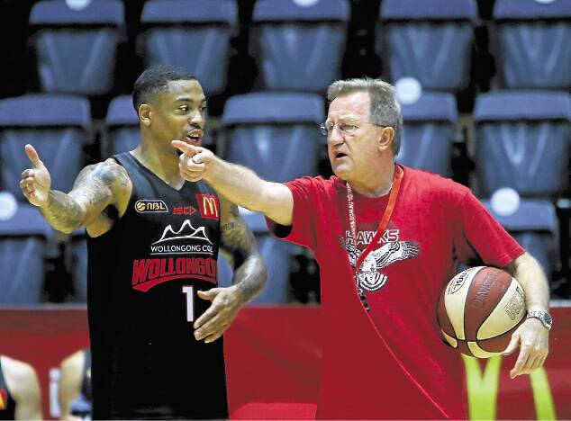 Gary Evans and Gordie McLeod at Wollongong Hawks training before facing Sydney Kings. Picture: KIRK GILMOUR
