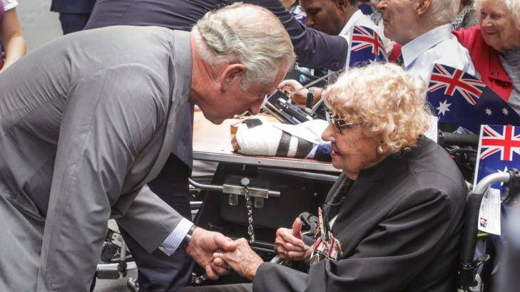 Prince Charles greets Daphne Dunne, 95, from Turramurra, in Martin Place
 Photo: Dallas Kilponen