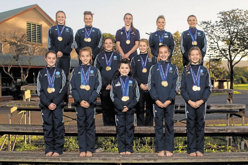 Young stars: Oak Flats Albion Park Gymnastics and Acrobatics Club members will represent NSW at the national championships. The club representatives are, back row, Belinda Bertram, Jerrica Lovatt, Grace Fairall, Mikayla Stephens, Taylah Doosey; middle row, Danielle Lovatt, Maddison Lacey; front row, Jemima Clarke, Jorja Rogers, Molly Jewiss, Alexis Edwards and Jessica Adams.