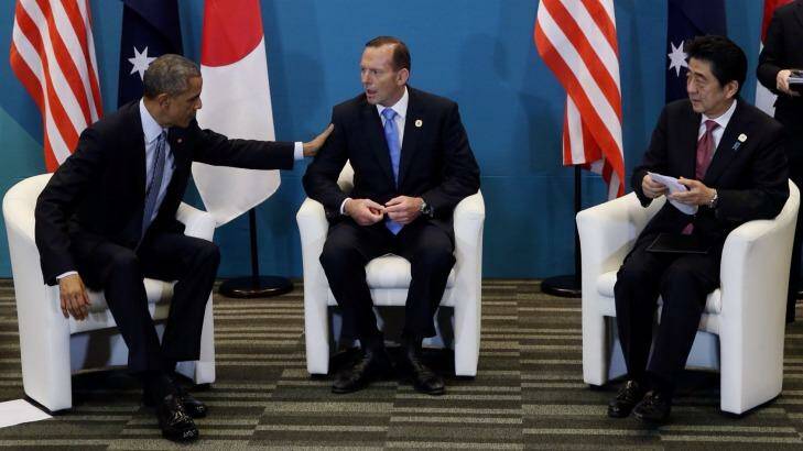 PM Tony Abbott with US President Barack Obama and Japanese PM Shinzo Abe during a tri-lateral meeting at the G20 in Brisbane. Photo: Andrew Meares