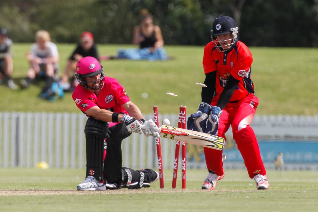 Sydney Sixers batsman Ed Cowan is bowled at North Dalton Park on Tuesday. Picture: CHRISTOPHER CHAN