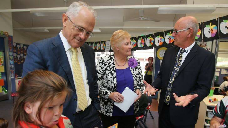 Liberal MP Ann Sudmalis  with Prime Minister Malcolm Turnbull on a visit to Sanctuary Point Public School last week.   Photo: Robert Peet