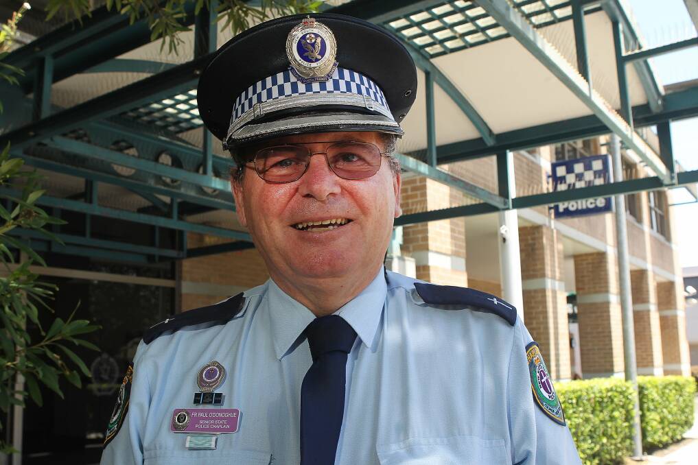 Wollongong senior police chaplain Father Paul O’Donoghue admires the officers he works with and says the hardest part of the job is to help them when they are struggling emotionally. Picture: GREG TOTMAN