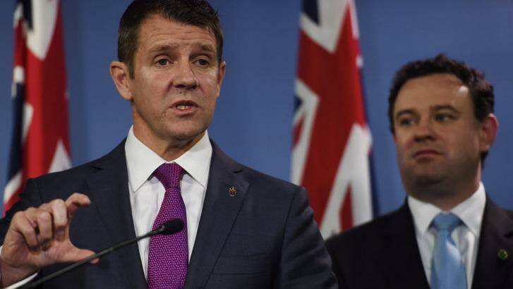 Premier Mike Baird and Sports Minister Stuart Ayres in September when they announced $1.6 billion in funding for stadiums over the next 10 years. Photo: Nick Moir