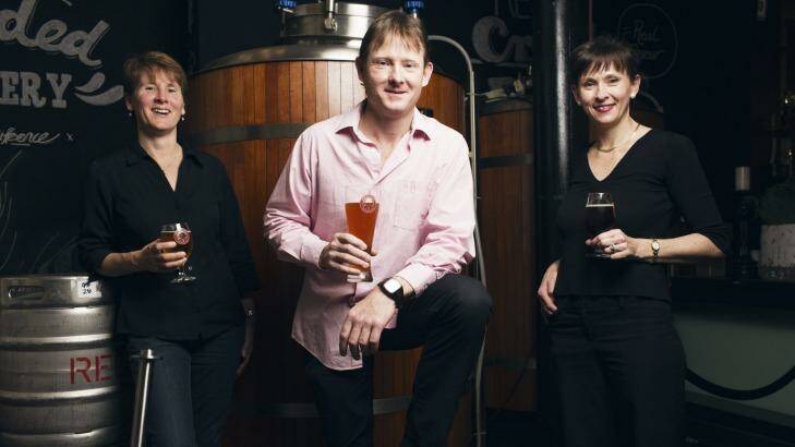 Redoak brewer David Hollyoak with sisters Janet and Helen at their pub in Sydney's CBD.  Photo: James Brickwood
