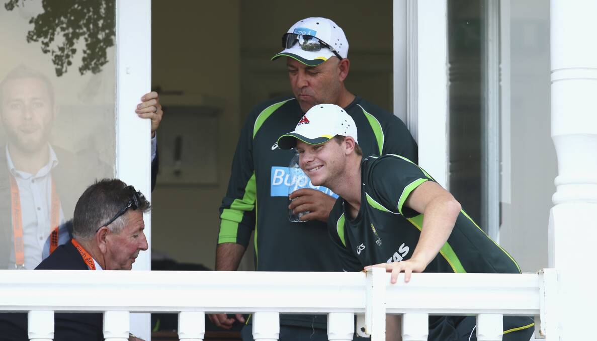 Australia cricket coach Darren Lehmann's (centre) job is safe but Cricket Australia will review the team's aggressive style of batting in the face of England's destructive seam and swing bowling. Picture: GETTY IMAGES
