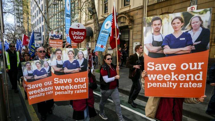 A rally organised by the ACTU marches against the continued attacks against penalty rates for workers last year. Photo: Eddie Jim
