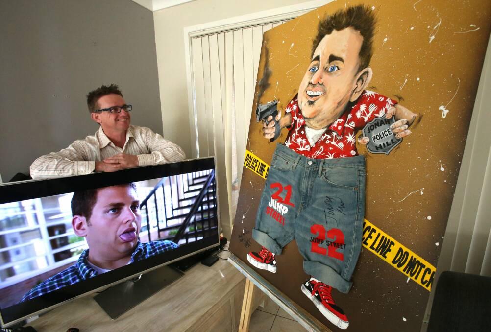 Corrimal cartoonist Paul Dorin has turned actor Jonah Hill's jeans into art. Picture: KIRK GILMOUR