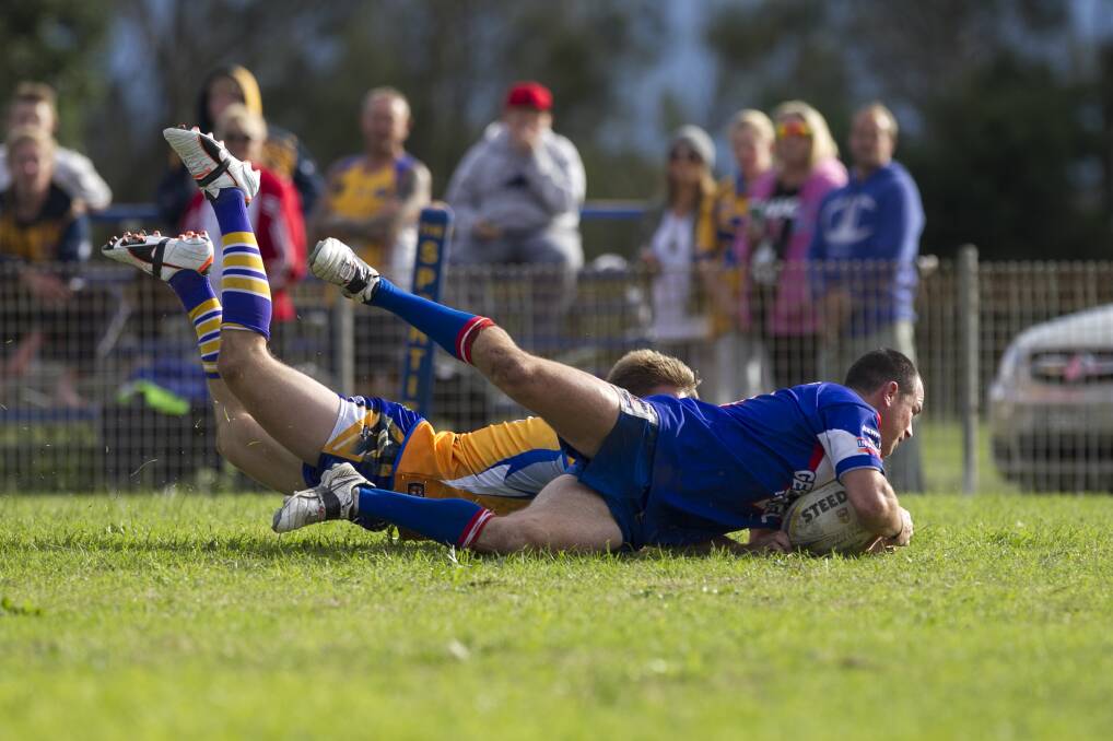 Michael Brown scores a try for Gerringong against Warilla at Glenholmes Oval on Sunday. Picture: CHRISTOPHER CHAN