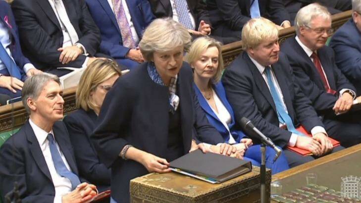 Britain's Prime Minister Theresa May, centre, stands to answer a question during Prime Minister's question time in the Commons. From right to left, Secretary of State for Exiting the European Union David Davis, Foreign Secretary Boris Johnson, Education Secretary Justine Greening, Home Secretary Amber Rudd, Chancellor of the Exchequer Philip Hammond.   Photo: PA
