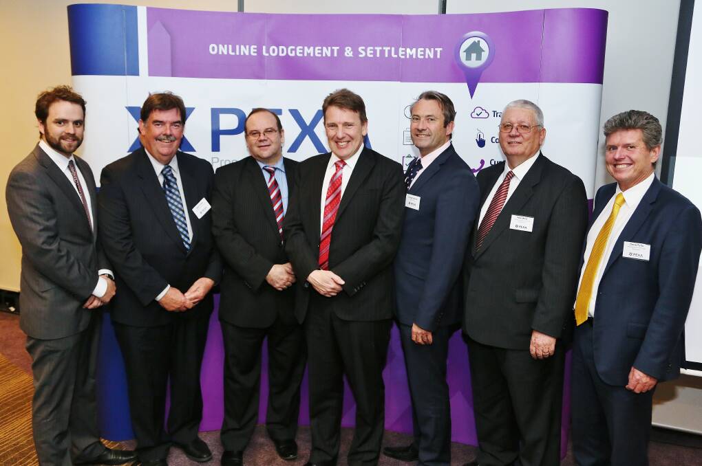 Matthew Gillet, Mark Smith, Greg Channel, Marcus Price, Craig Osborne, Alan West and David Potts at the launch in Wollongong of an electronic conveyancing system for Australia's property industry. Picture: GREG ELLIS