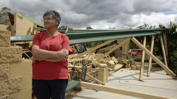 Falling bricks narrowly missed Jan McKergow and her husband in their bedroom on Saturday night when a storm ripped through their Forbes Creek home. Photo: Jeffrey Chan