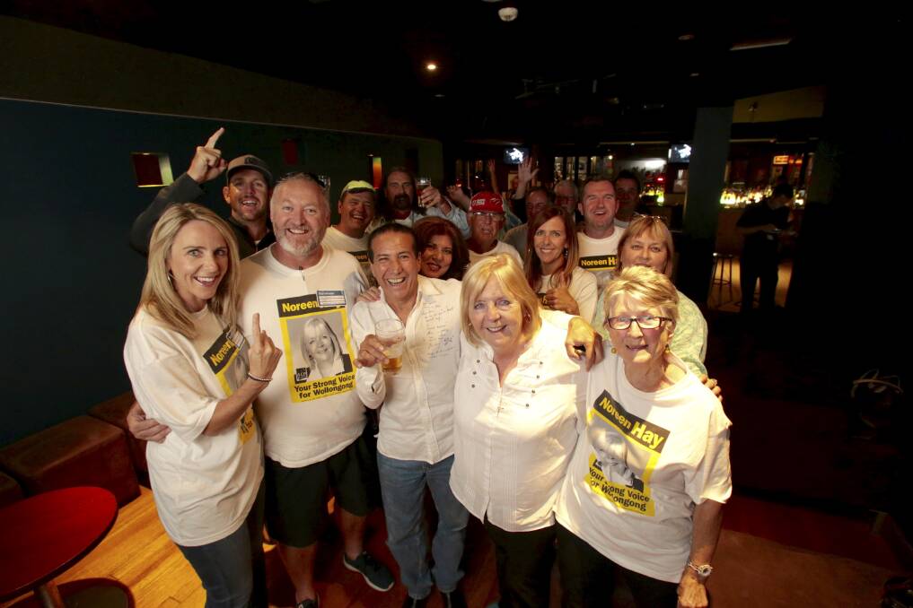 Wollongong MP Noreen Hay celebrates with supporters at the Harp Hotel. Picture: ADAM McLEAN