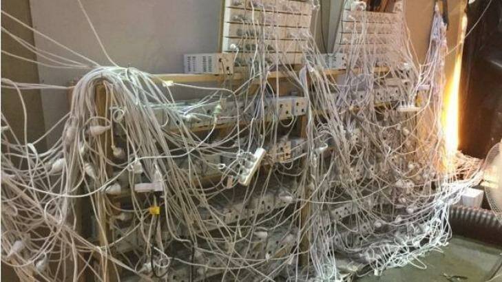 Police found a web of plug boards and extension leads. Photo: NSW Police Media Unit