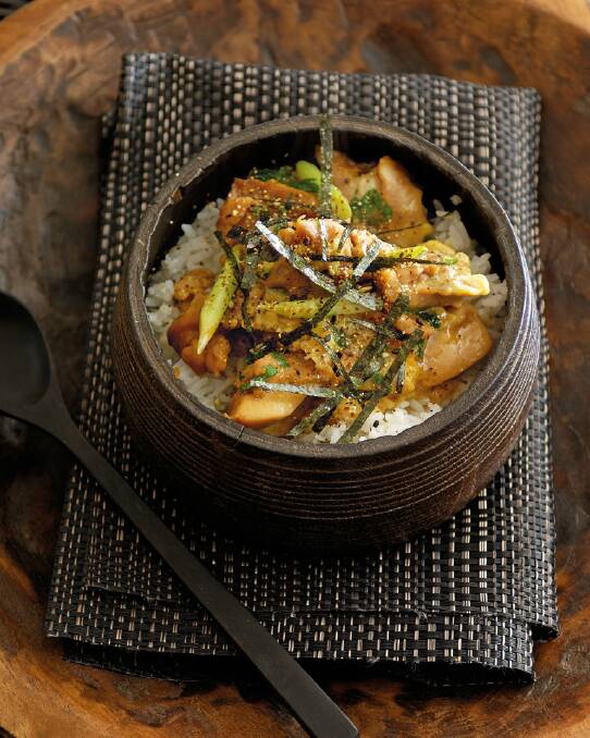 Donburi with shichimi togarashi <a href="http://www.goodfood.com.au/good-food/cook/recipe/donburi-with-shichimi-togarashi-20131031-2wk6u.html"><b>(recipe here).</b></a>